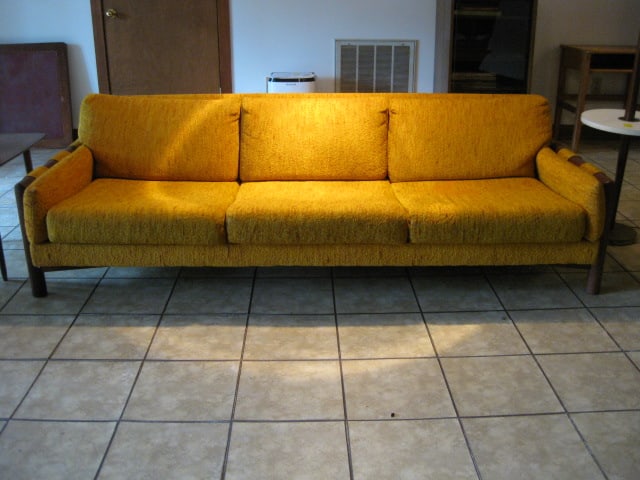 Craft Associate Midcentury Wood Slub Yarn Upholstery Sofa: 81" long, Located Downstairs-Gradual Sloping Back and Side Yard to Carry Around House-Bring Help, Local Pickup Only