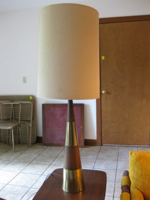 Midcentury Tapered Wood and Brass Table Lamp: 44"h, three bulb lamp, Local Pickup Only