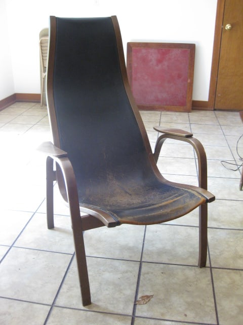Midcentury Bentwood Leather High Back Sling Chair: 26"w, leather needs conditioning, color wear, Local Pickup Only