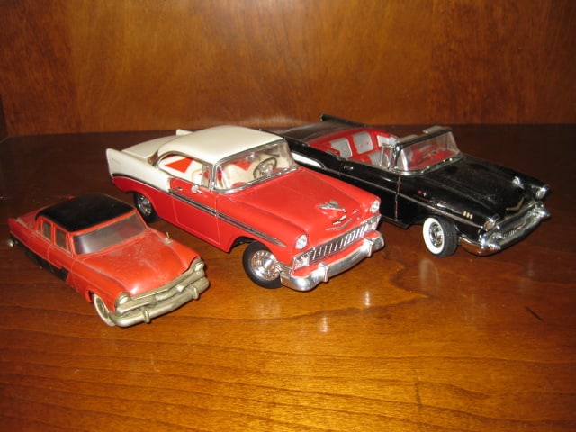 Two 1:18 Scale 1950's Bel Air Diecast Cars and Plastic Toy Coupe: .