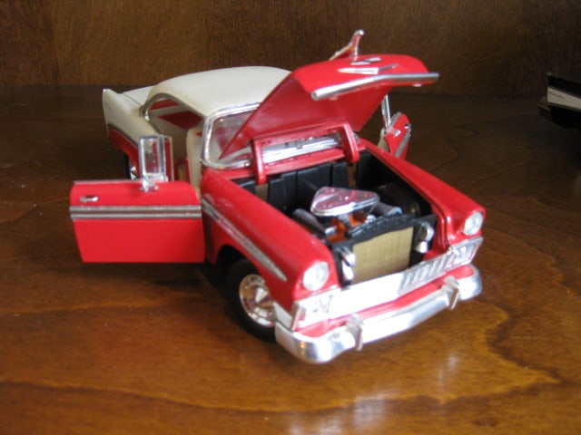 Two 1:18 Scale 1950's Bel Air Diecast Cars and Plastic Toy Coupe - 9