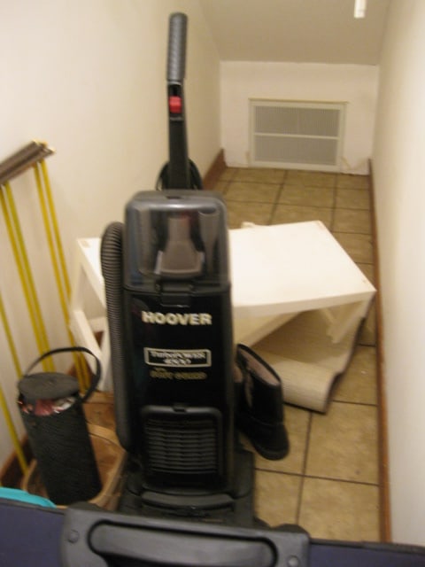Storage Closet Contents-Suitcase, Hoover Upright Vacuum, Picnic Set, Sewing Storage - 9