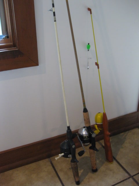 Zebco Fishing Rods and Reels and Rubbermaid Tackle Box with Fishing Lures/Worms - 10