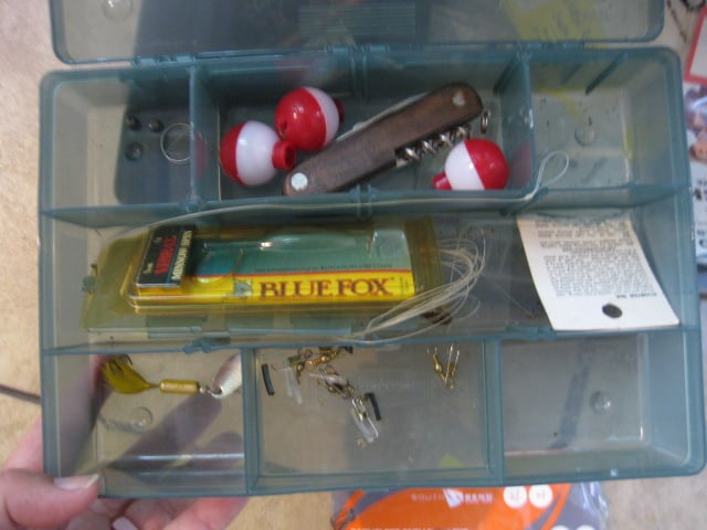 Zebco Fishing Rods and Reels and Rubbermaid Tackle Box with Fishing Lures/Worms - 6