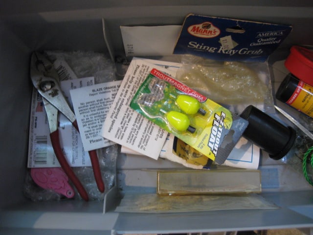 Zebco Fishing Rods and Reels and Rubbermaid Tackle Box with Fishing Lures/Worms - 8