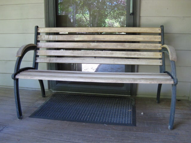Cast Metal Frame Wood Slat Bench: 51 1/2" long, slight weathering, Local Pickup Only