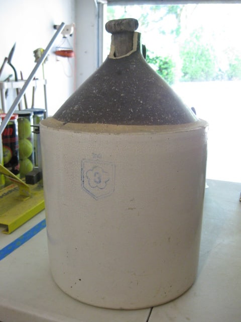Vintage McCoy Brown/White Salt Glaze 3 Gallon Shoulder Jug with Wood Stopper: 15 1/2"h, mouth is broken, marked with 3 in clover