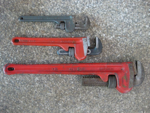Three Adjustable Pipe Wrenches-Ridgid 18", Craftsman 10" and 8": .