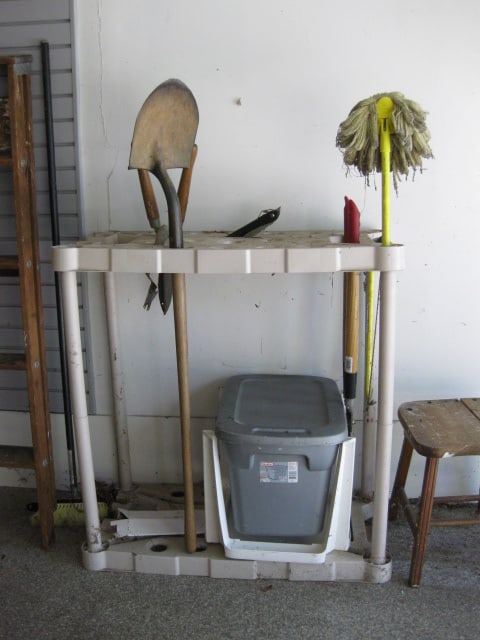 Right Side Garage Wall Contents-Rubbermaid Yard Tool Organizer, 5' Wood A Frame Ladder, - 2