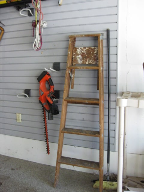 Right Side Garage Wall Contents-Rubbermaid Yard Tool Organizer, 5' Wood A Frame Ladder, - 3