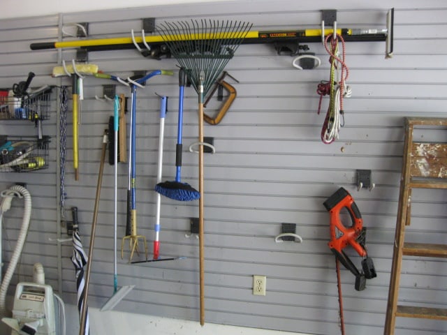 Right Side Garage Wall Contents-Rubbermaid Yard Tool Organizer, 5' Wood A Frame Ladder, - 4