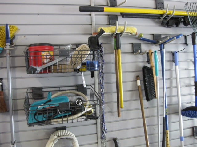 Right Side Garage Wall Contents-Rubbermaid Yard Tool Organizer, 5' Wood A Frame Ladder, - 6