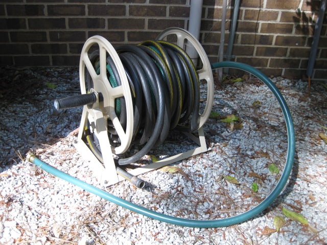 Metal Hand Crank Hose Reel with Black Heavy Duty Water Hose: Local Pickup Only