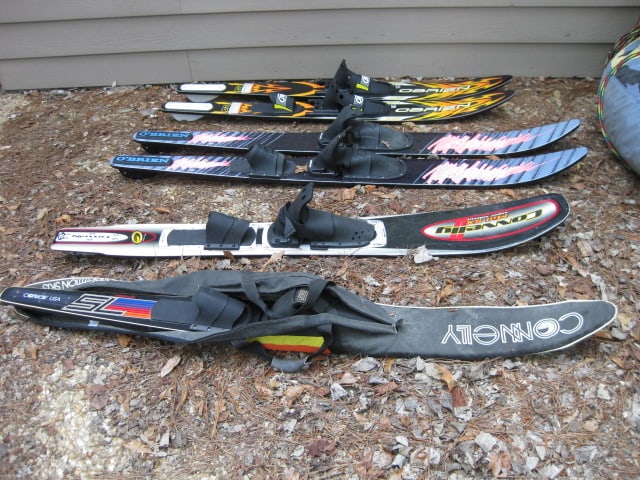 Grouping of O'Brien and Connelly Water Skis: Pair of O'Brien Jr. Celebrity 147 Skis, Pair of O'Brien Performers, (1)Connelly Mid SX Super Sidecut and (1)Connelly SL Graphite in Carry Bag. Local Pickup Only