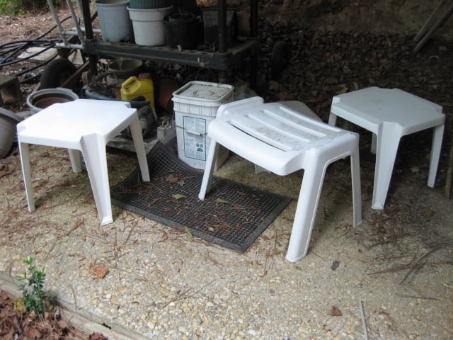 Under Deck Contents-Black Heavy Duty Shelf Unit, Planter/Pots, Plastic Side Table/Stools, - 10