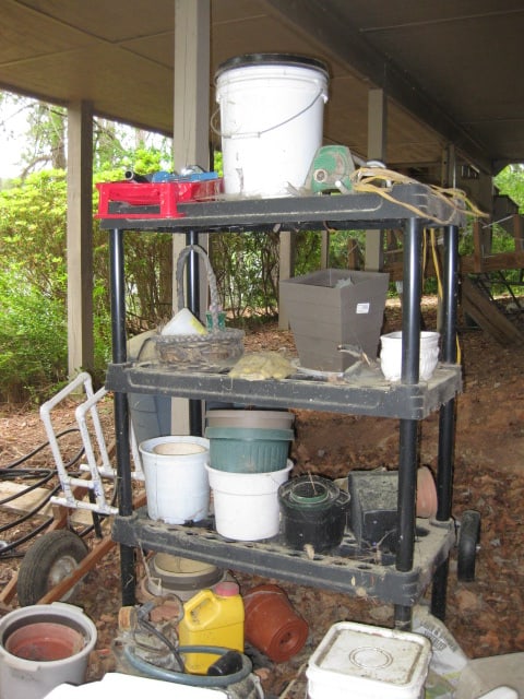 Under Deck Contents-Black Heavy Duty Shelf Unit, Planter/Pots, Plastic Side Table/Stools, - 11