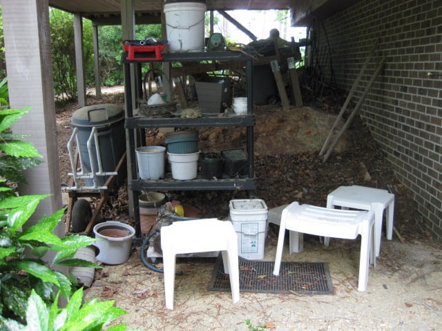 Under Deck Contents-Black Heavy Duty Shelf Unit, Planter/Pots, Plastic Side Table/Stools, (1 of 13)