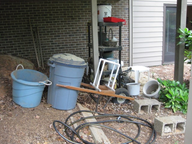 Under Deck Contents-Black Heavy Duty Shelf Unit, Planter/Pots, Plastic Side Table/Stools, - 2