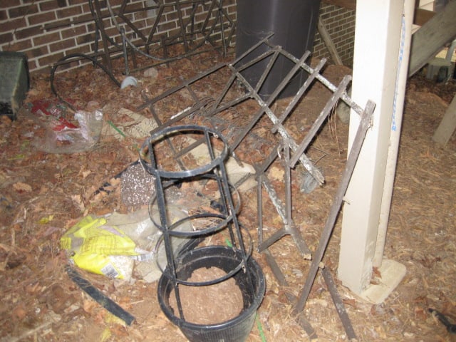 Under Deck Contents-Black Heavy Duty Shelf Unit, Planter/Pots, Plastic Side Table/Stools, - 5