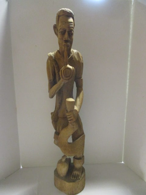 Vintage Handcarved African or Caribbean Wood Statue: 32", back leg is broken off