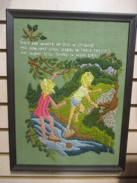 Vintage Framed Bucilla "Angels of God" Crewel Embroidery Needlework Art: 13" x 17", no glass