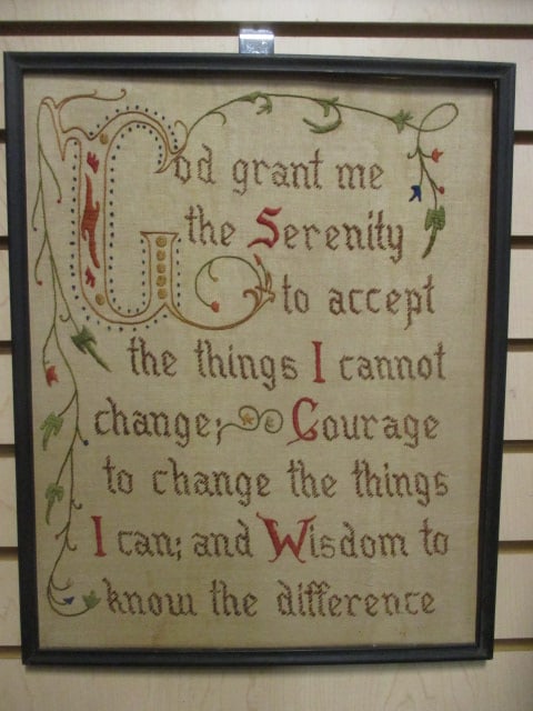 Vintage Framed Handmade "Serenity Prayer" Needlework Art: 13 1/2" x 17", no glass, stains