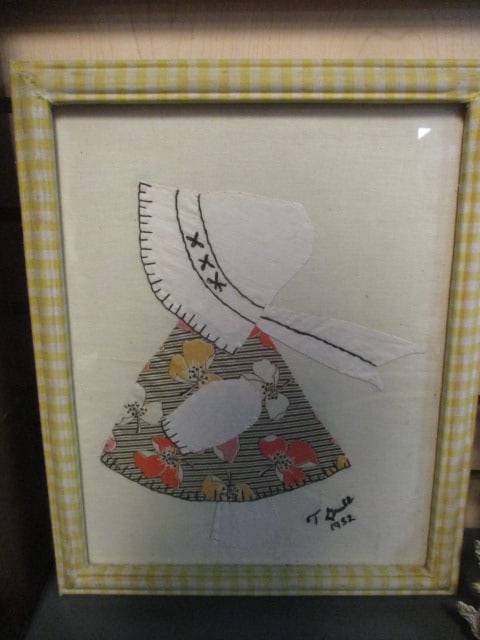 Vintage Framed Handmade "Sunbonnet Sue" Fabric Art - Signed "T. Grull 1952": 13" x 16", nicks on frame