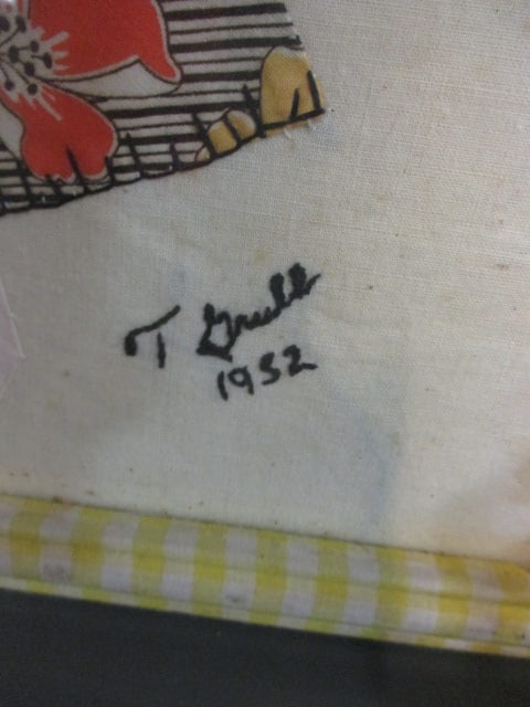 Vintage Framed Handmade "Sunbonnet Sue" Fabric Art - Signed "T. Grull 1952" - 2