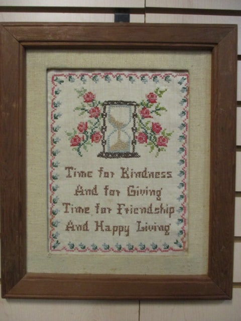 Vintage Framed and Matted Needlepoint Sampler: 15" x 17 1/2", no glass in frame
