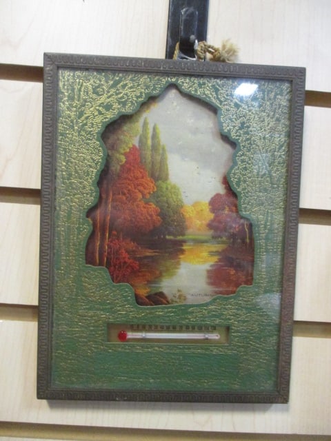Vintage Framed Advertising Picture and Thermometer: 6 1/4" x 8", back cardboard is taped - need new hanging hardware