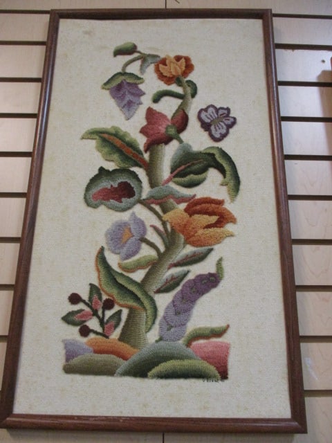 Framed Jacobean Style Floral Crewel Needlework - Signed "Byrne 91": 14" x 32", stains