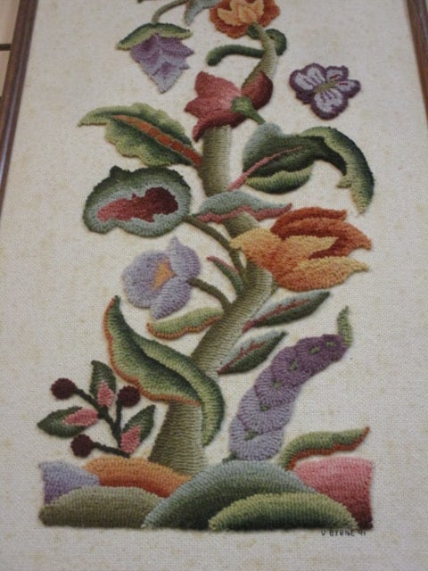 Framed Jacobean Style Floral Crewel Needlework - Signed "Byrne 91" - 3