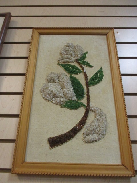 Mid-Century Modern Framed Pebble Rock Art: 12" x 22", stains