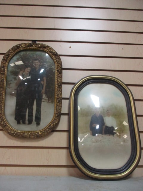 2 Vintage Convex Bubble Glass Frames with Portraits: 13" x 20" each