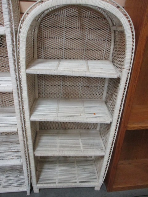 Vintage 5-Shelf White Wicker Rattan Etagere: 30" x 14 1/2" x 71", Local Pickup Only