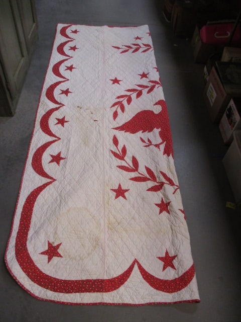 Vintage "Eagle and Stars" Red and White Quilt: 88" x 74", stains and small rip