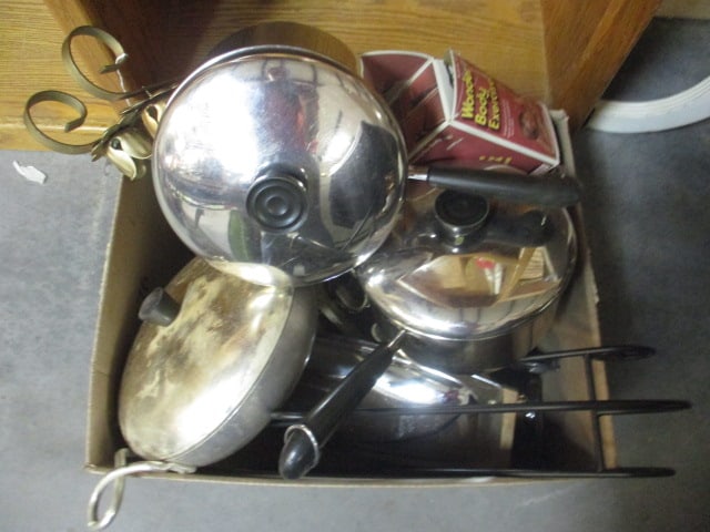 Lot of Revere Ware Pots, Tacuco Wear-Ever Aluminum Pot, Silverplated Bowls: and Teapot, Goldtone Wall Candle Holders, and Wonder Body Exerciser