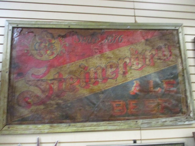 Vintage "Steinerbru Ale Beer" Metal Advertising Sign in Wood Frame: 58" x 35 1/2", rust and tears, Local Pickup Only