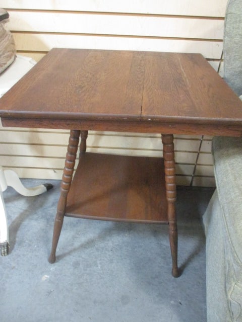 Antique Victorian Style 2-Tier Parlor Table with Bobbin-Turned Spindle Legs: 24" x 24" x 28 1/2", Local Pickup Only