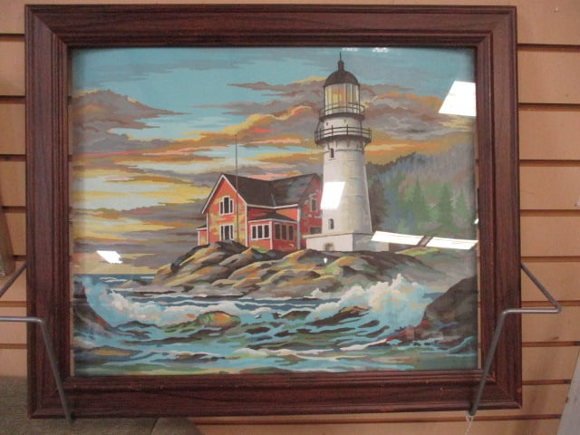 Vintage Lighthouse Painting in Wood Frame: 23 1/2" x 19 1/2"