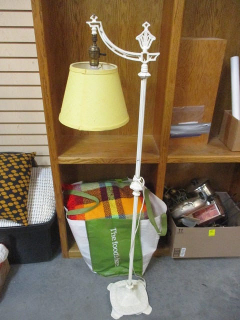 Vintage White Painted Wrought Iron Floor Lamp with Fabric Shade: 56", Local Pickup Only