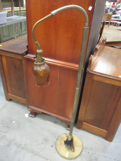 Vintage Brass Gooseneck Hanging Tulip Glass Shade Floor Lamp: 50", wires coming apart, Local Pickup Only