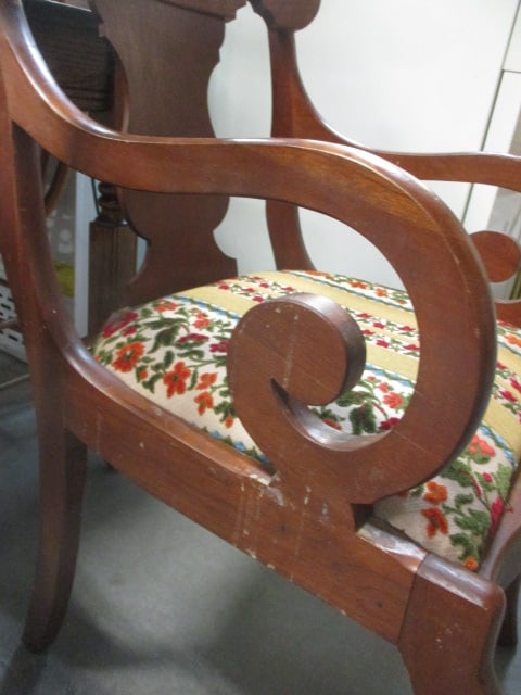 Antique Fiddle Back Arm Side Chair with Upholstered Seat - 5