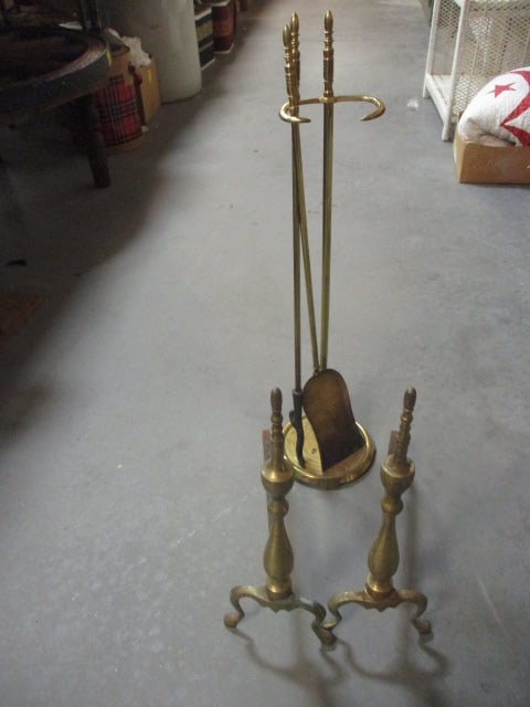 Vintage Brass Fireplace Andirons and Shovel and Pocker Set with Holder: 28 1/2", wear and marks