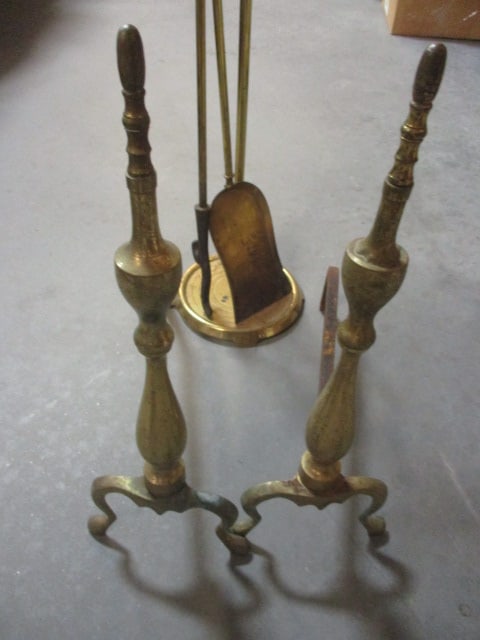 Vintage Brass Fireplace Andirons and Shovel and Pocker Set with Holder - 2