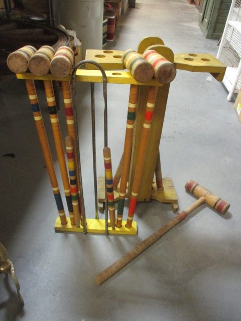 2 Vintage Lawn Croquet Wood Mallet Sets: 28" each, no balls, one set has holder and 1 mallet, nicks and wear