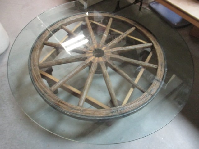 Large Rustic Round Wagon Wheel and Glass Top Coffee Table - 2