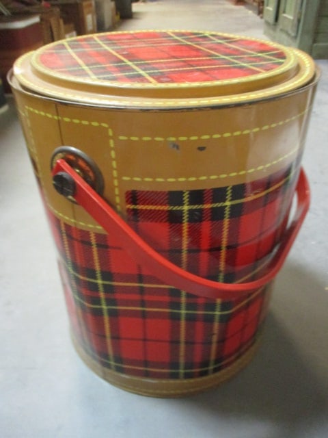 Mid-Century Modern Hamilton "The Skotch Kooler" Plaid Round Ice Chest: 14 1/2", rust and bent