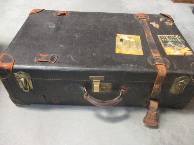 Vintage Large Suitcase Trunk with Leather Straps: 30 1/2" x 18 1/2" x 9", wear and tear