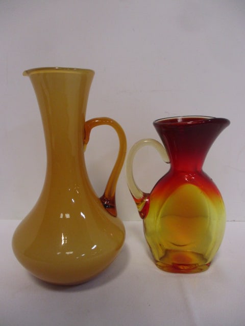 Mid-Century Modern Blenko Amberina Hand-Blown Glass Pitcher and: Italian Empoli Cased Glass Pitcher, 6 1/4" and 8"
